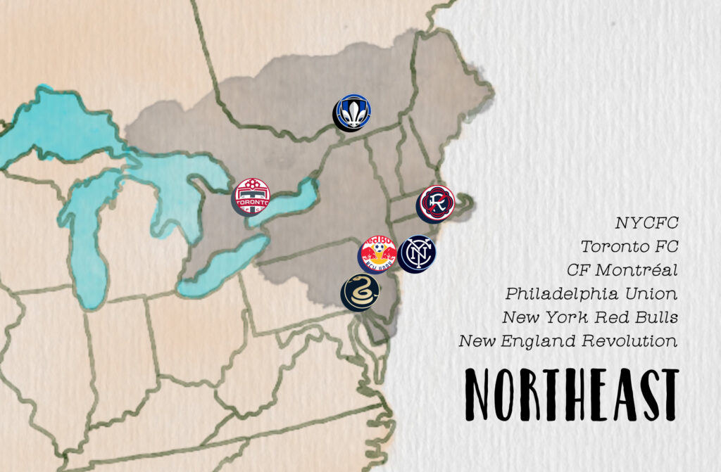 Northeast Region featuring New England, New York Red Bulls, NYCFC, Philadelphia, Montreal, Toronto